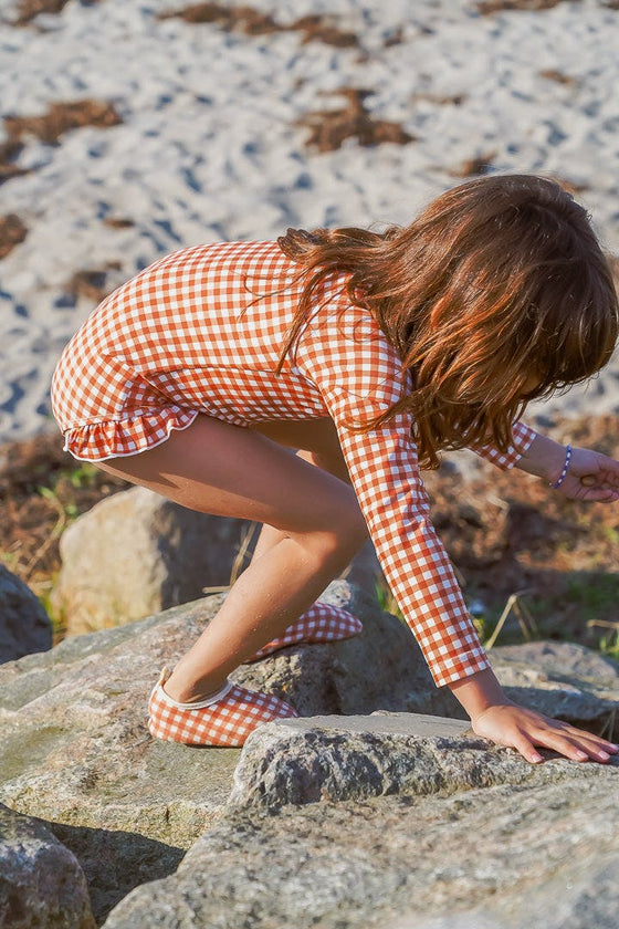 Long Sleeve Rashguard Ruffle Swimsuit | UPF + Recycled - Sienna Gingham