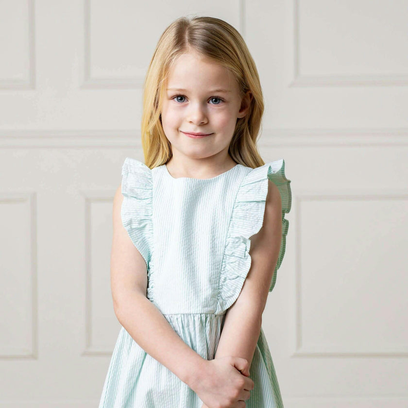 Organic Seersucker Flutter Sleeve Open Back Dress, Green