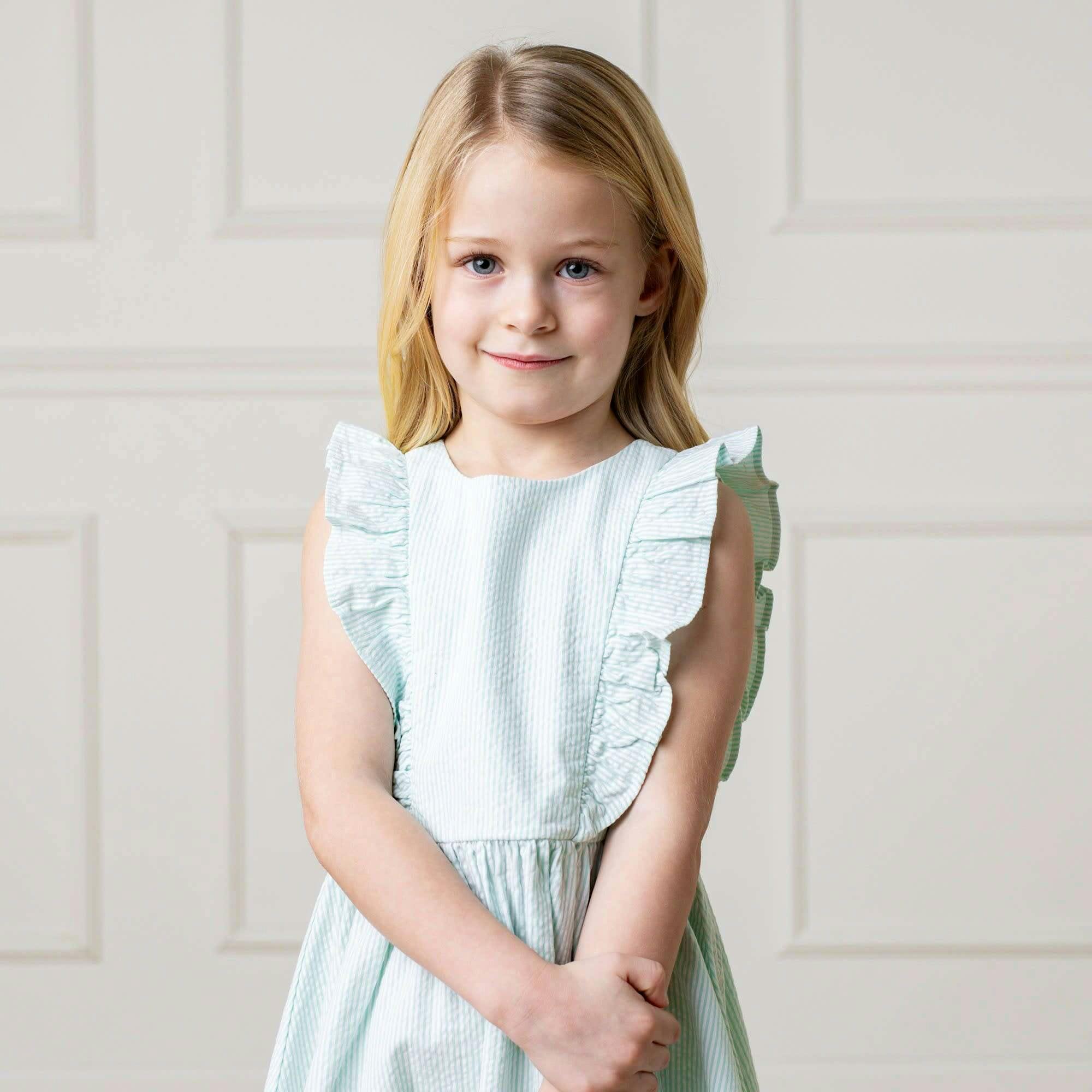 Organic Seersucker Flutter Sleeve Open Back Dress, Green
