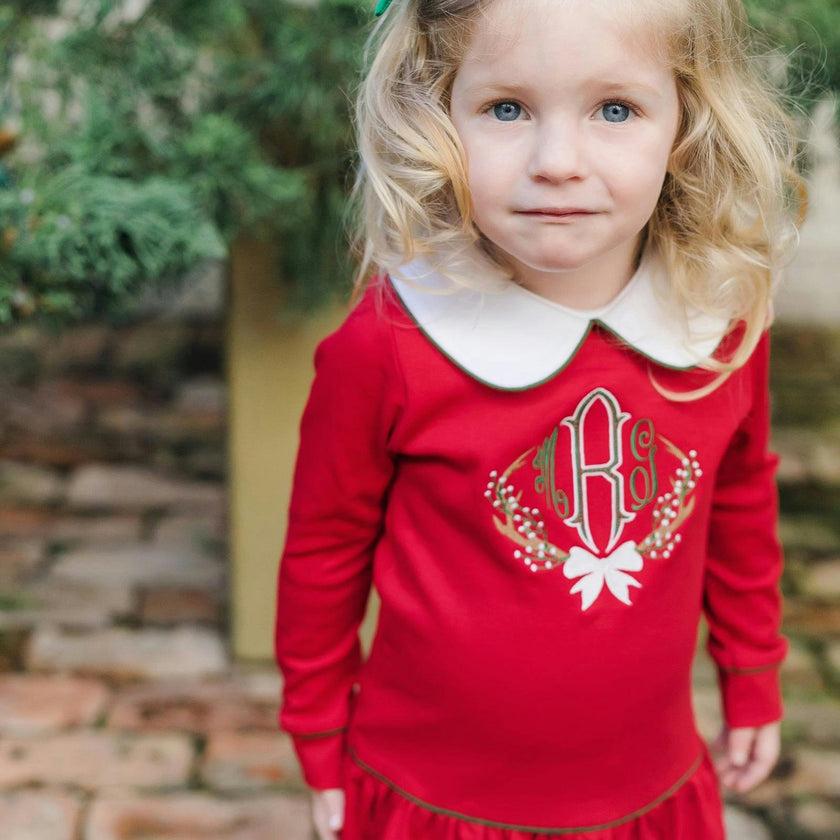 Lillian Girls' Dress Red with Green Piping