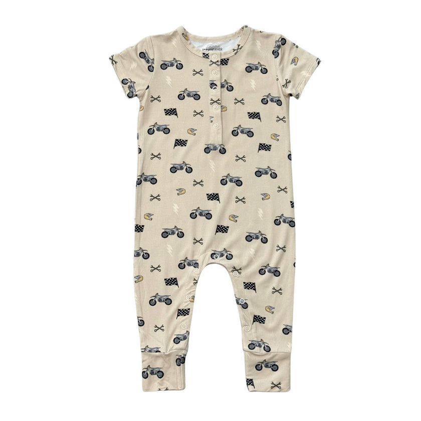 Baby Boy Short Sleeve Henley Romper in Dirt Bikes