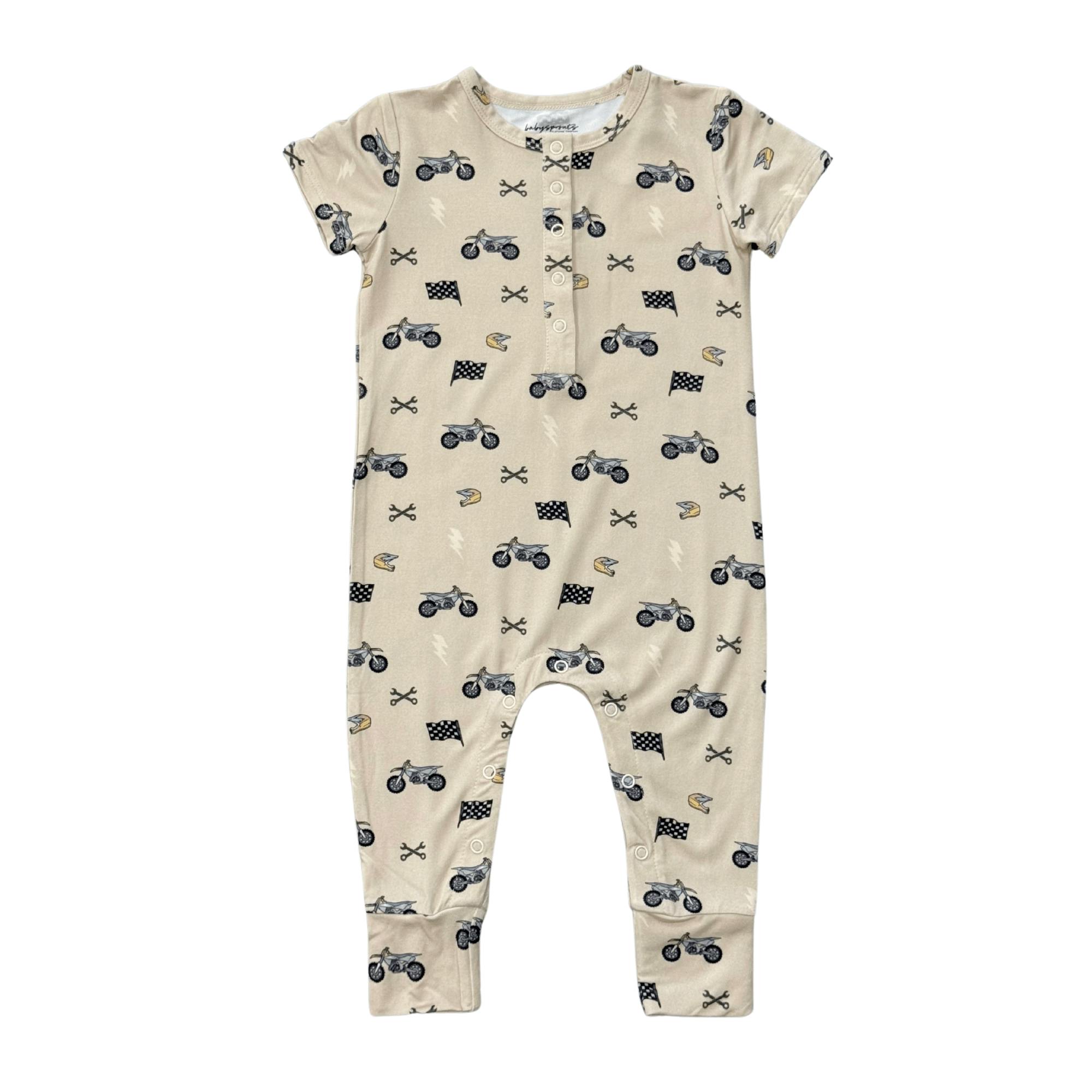 Baby Boy Short Sleeve Henley Romper in Dirt Bikes