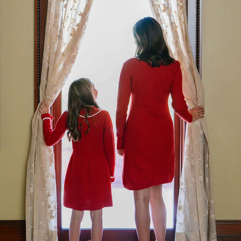 Baby Organic Mock Neck Ruffle Cuff Cable Sweater Dress, Red