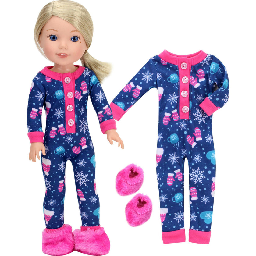 14.5" Doll Girl Winter Print One Piece Pajama & Hot Pink Slippers