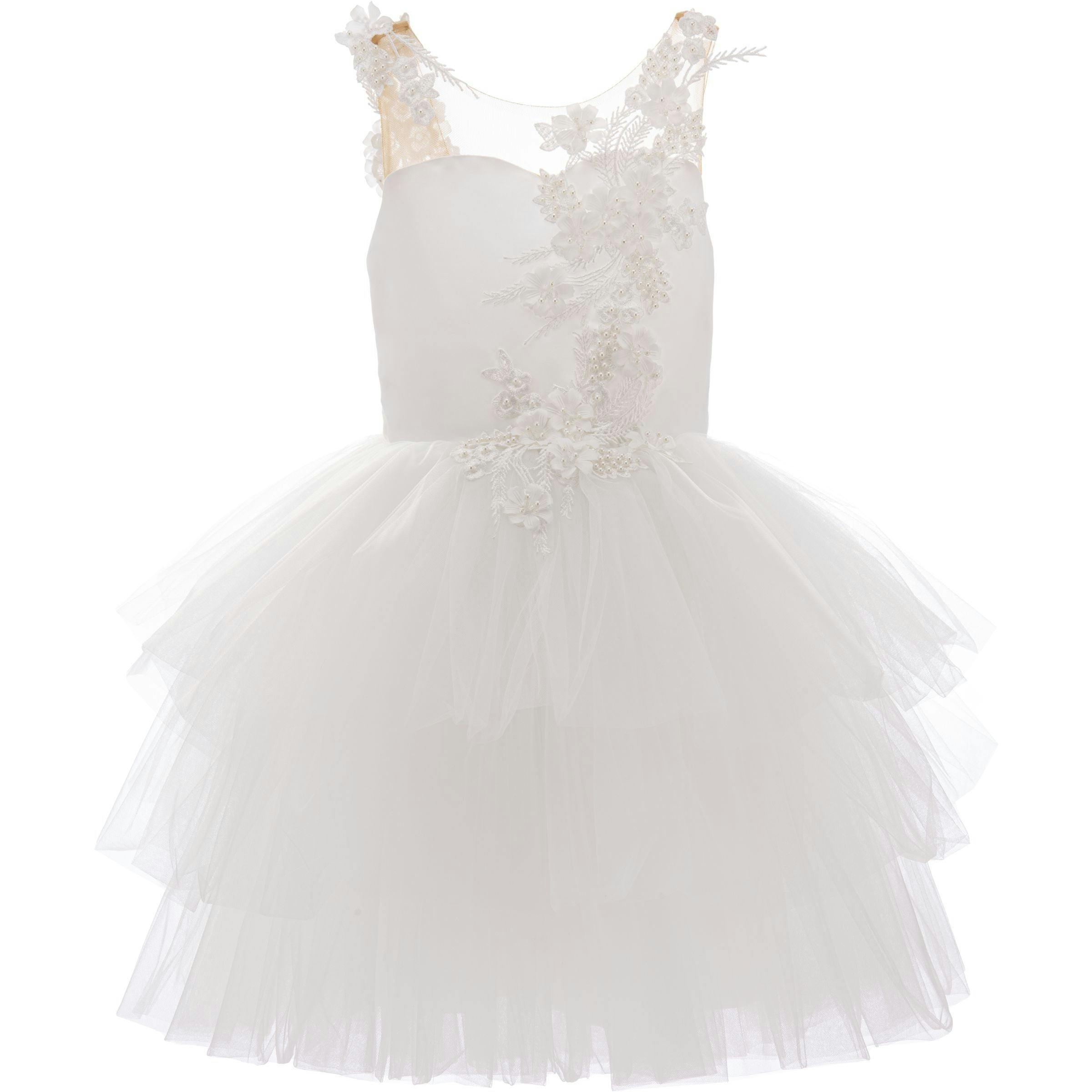 White Carnelian Floral Embroidered Tulle Dress