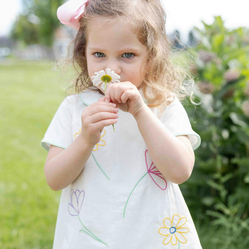 Linen Look Dress With Embroidered Flowers