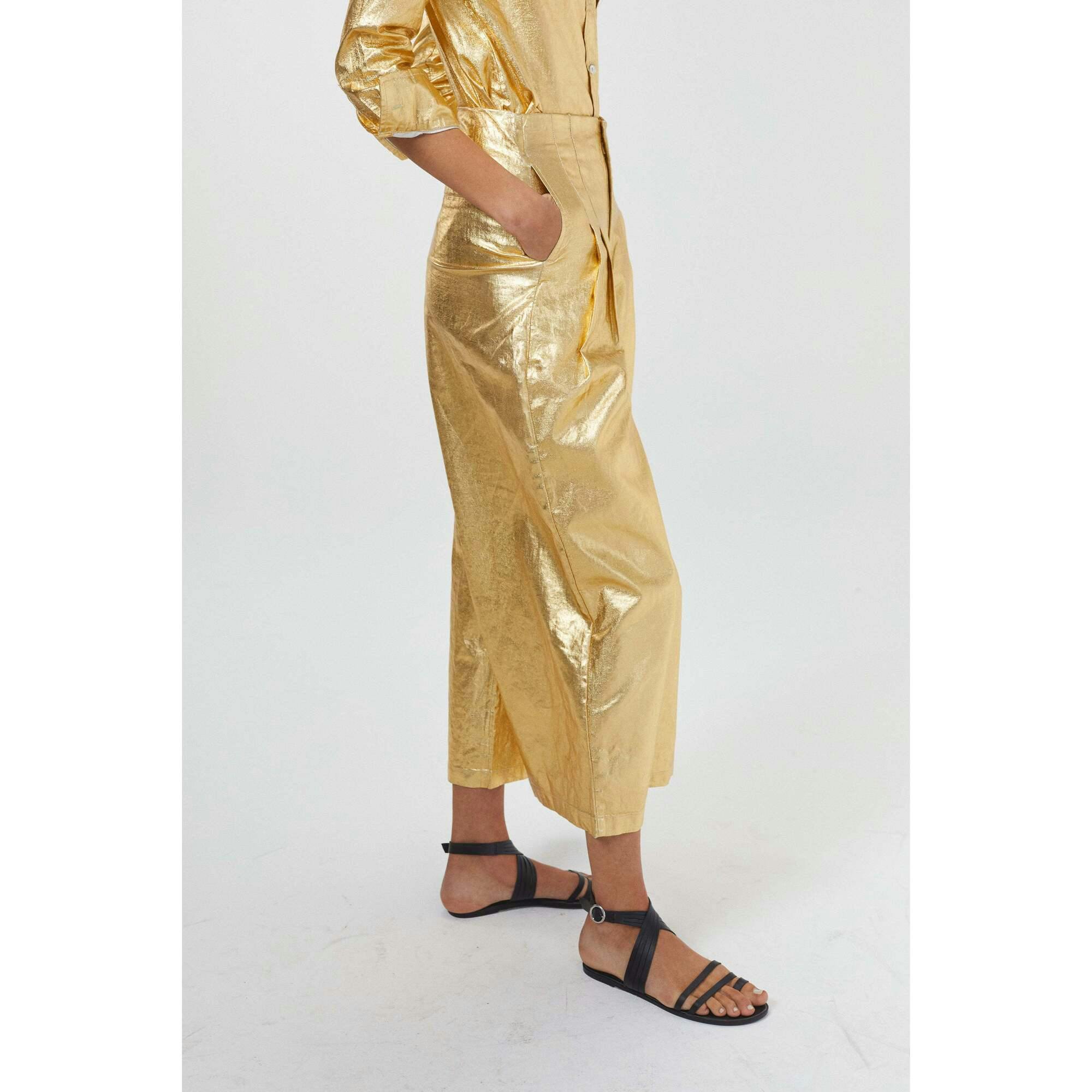 Culotte Metallic Linen Pants - Gold