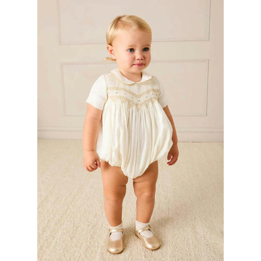 Hand Smocked Gold Embroidered Short Sleeve Romper in Ivory (3mths-2yrs)