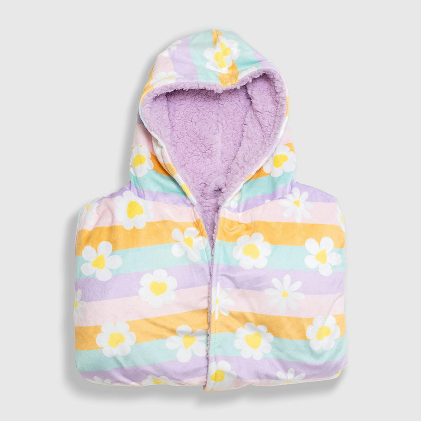 Cozy Switch Robe – Reversible Sherpa & Printed Mink Robe with Appliqué, Happy Daisy Stripes