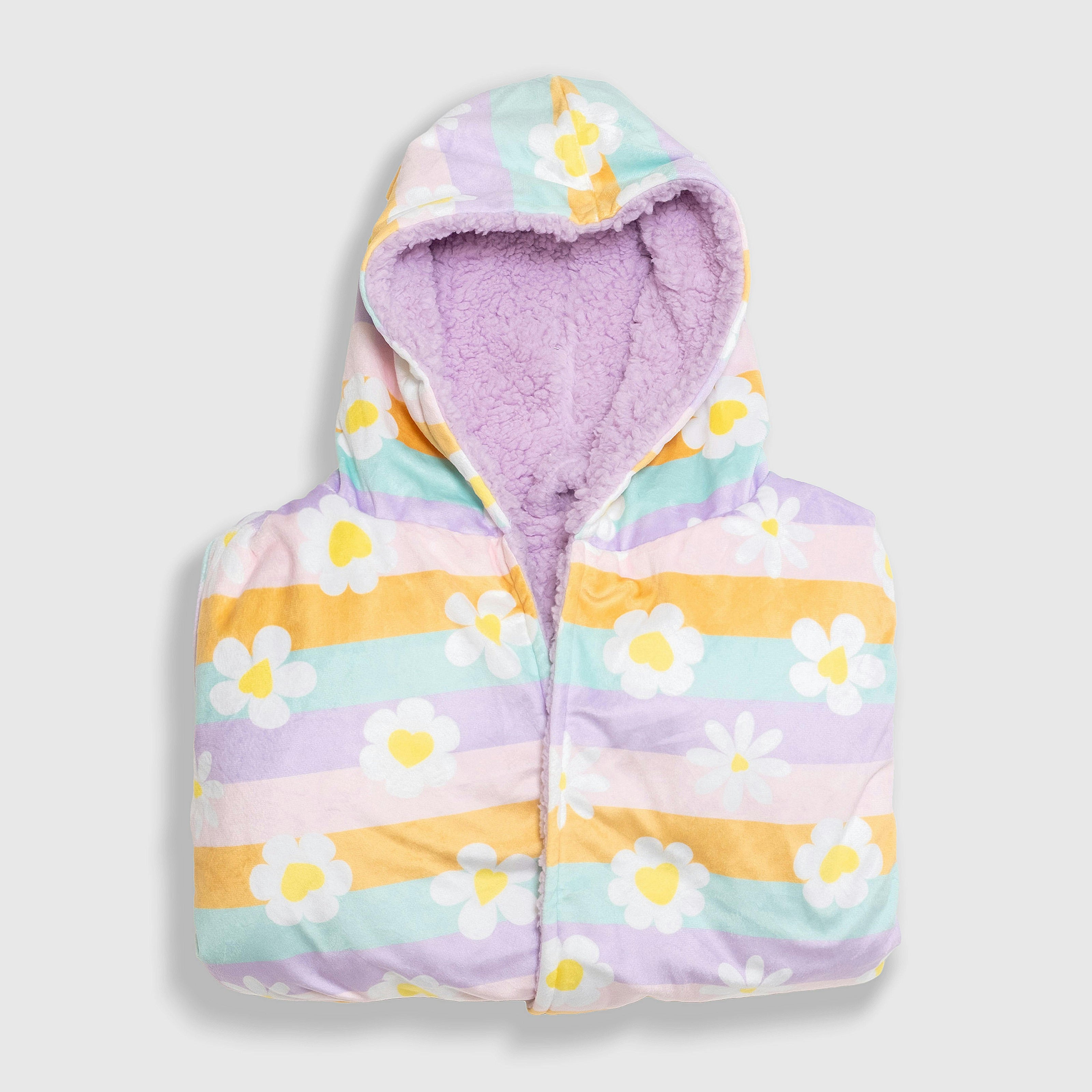Cozy Switch Robe – Reversible Sherpa & Printed Mink Robe with Appliqué, Happy Daisy Stripes