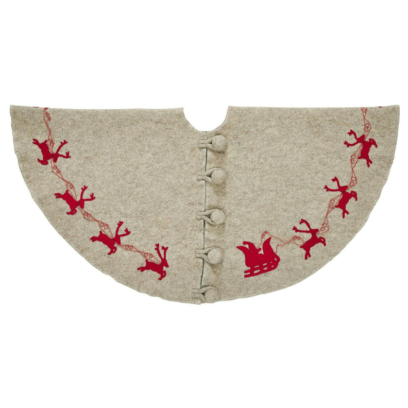 Handmade Reindeer Christmas Tree Skirt- Grey Red Reindeer And Cream Whip Stitch-72"