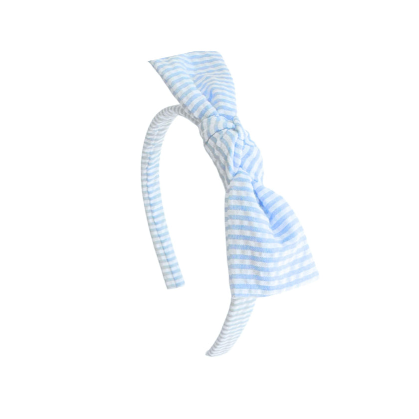 Seersucker Bow Headband in Blue/White