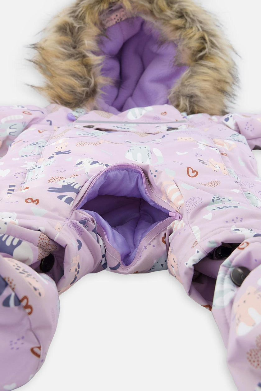 Baby One Piece Snowsuit Adapted For Car Seats Purple Cat Print