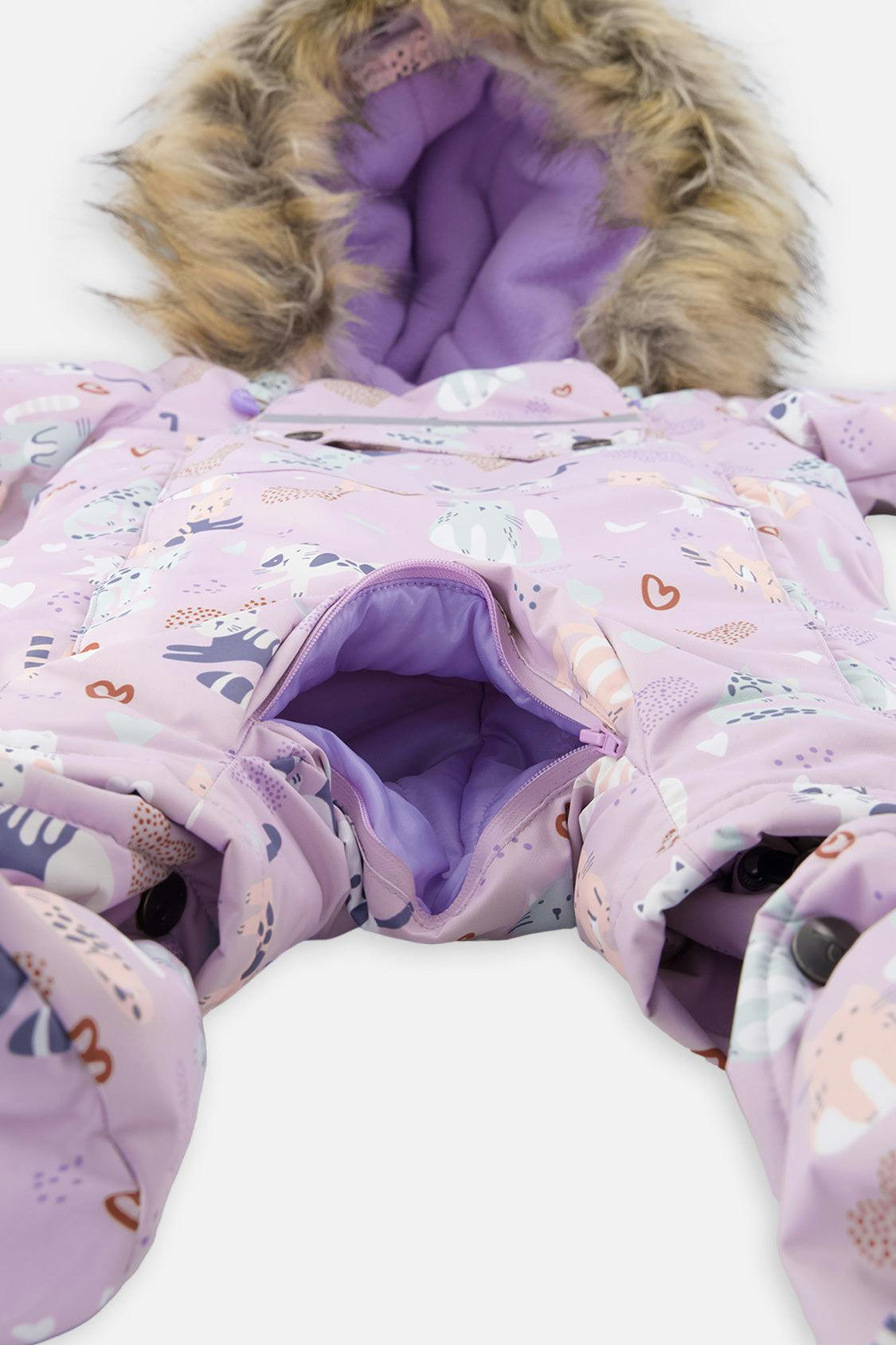 Baby One Piece Snowsuit Adapted For Car Seats Purple Cat Print
