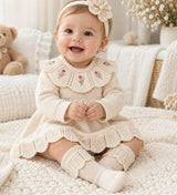 Ivory Knit Baby Dress Set with Floral Embroidery, Headband & Socks – 3 Piece