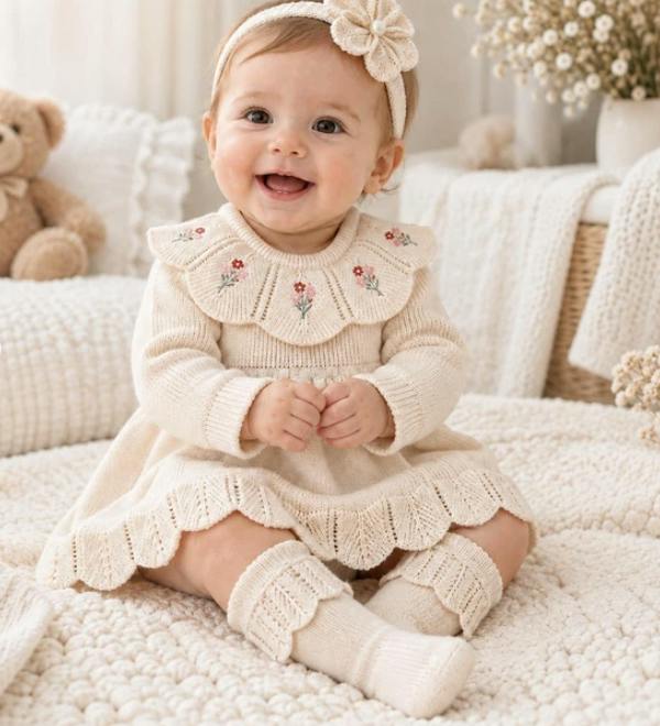 Ivory Knit Baby Dress Set with Floral Embroidery, Headband & Socks – 3 Piece