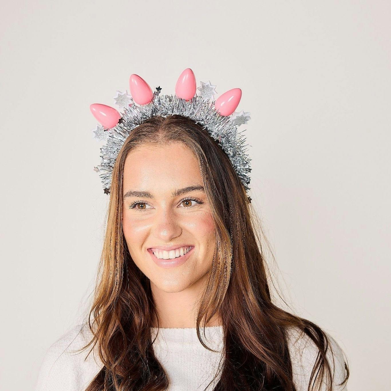 Packed Party Tinsel Topper Christmas Light Novelty Headband - Silver Tinsel with Pink Christmas Lights and Silver Glitter Stars for Holiday Parties, One Size