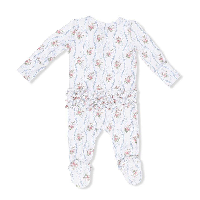Heirloom Rose Stripe - 2 Way Ruffle Back Zipper Footie