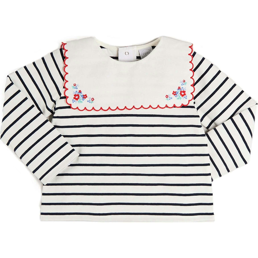 Sailor Stripe Floral Embroidered Mariner Collar Top in White (2-12yrs)