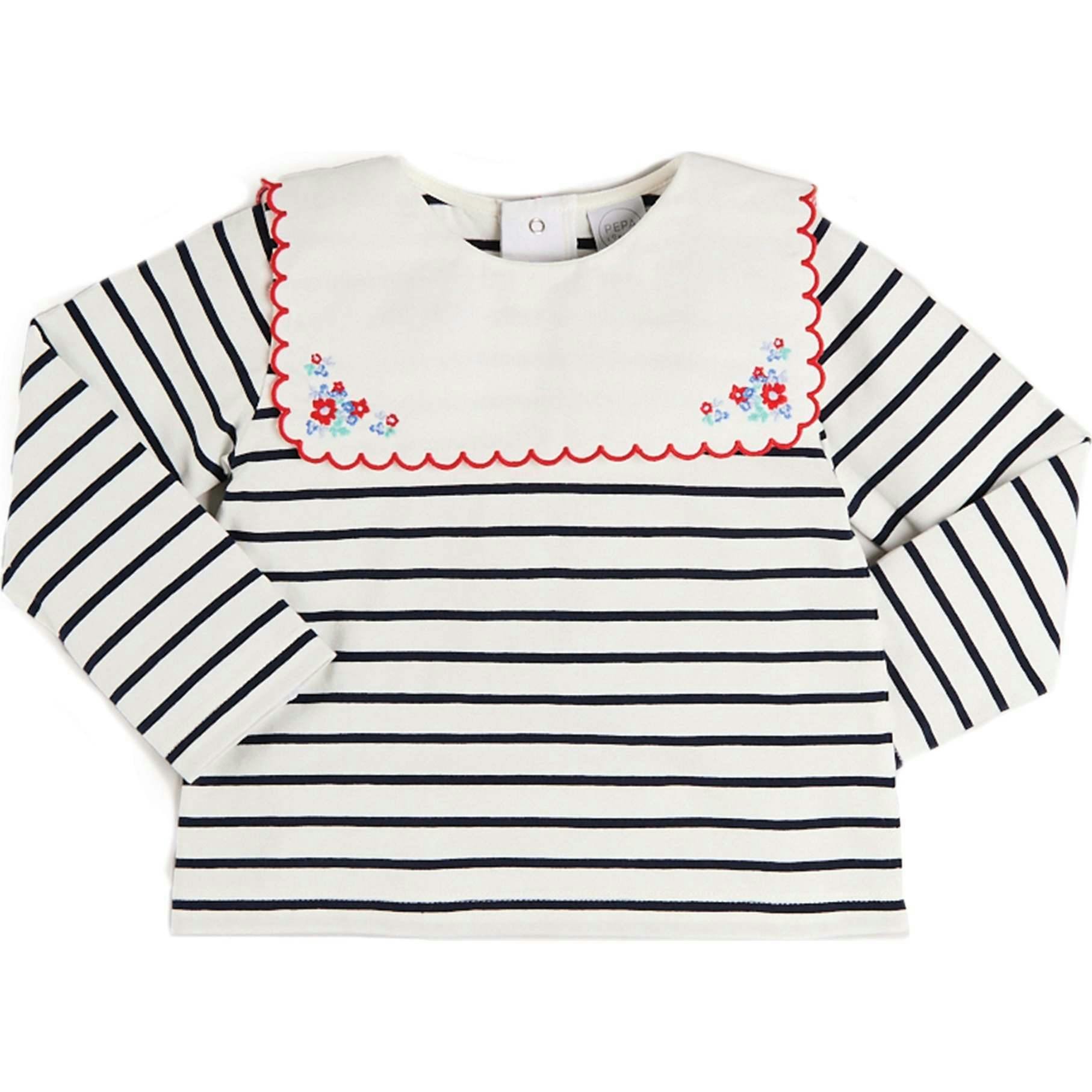 Sailor Stripe Floral Embroidered Mariner Collar Top in White (2-12yrs)