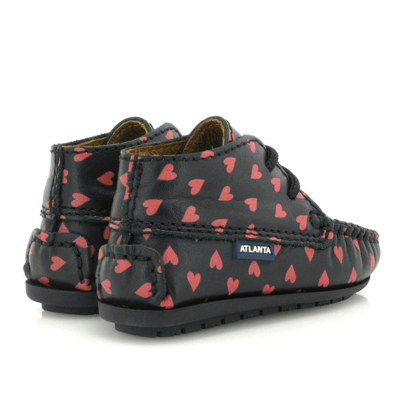 Smooth Leather Moccasin Boots, Black with Red Hearts Print