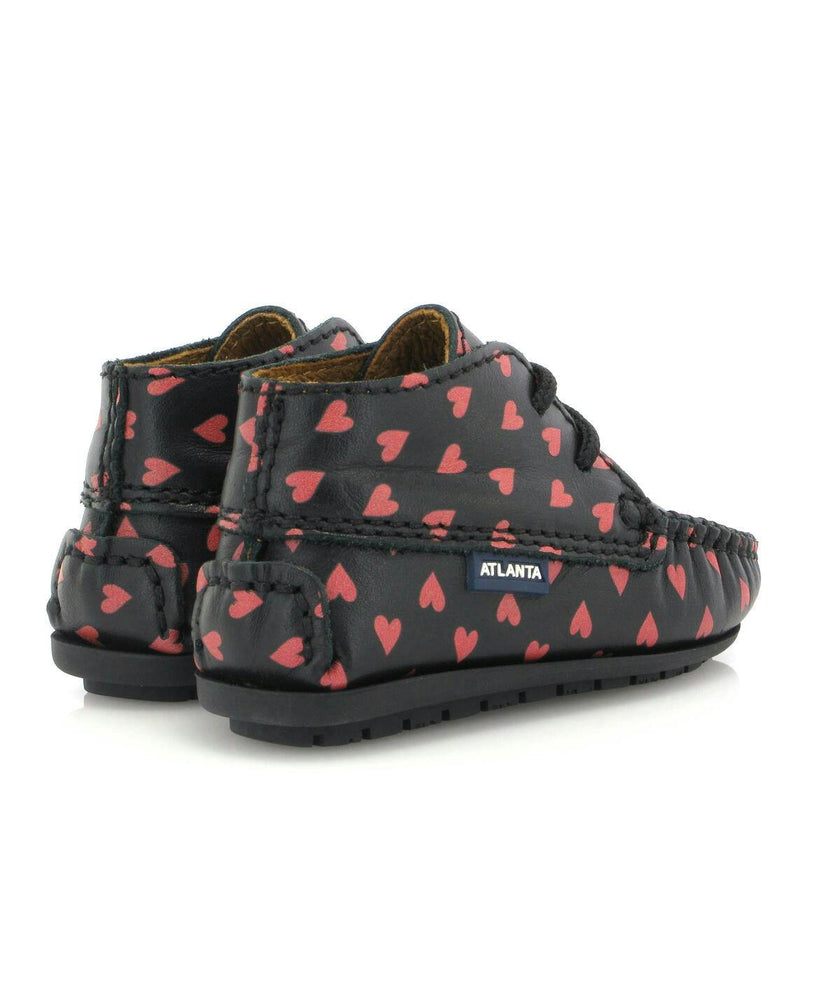 Smooth Leather Moccasin Boots, Black with Red Hearts Print