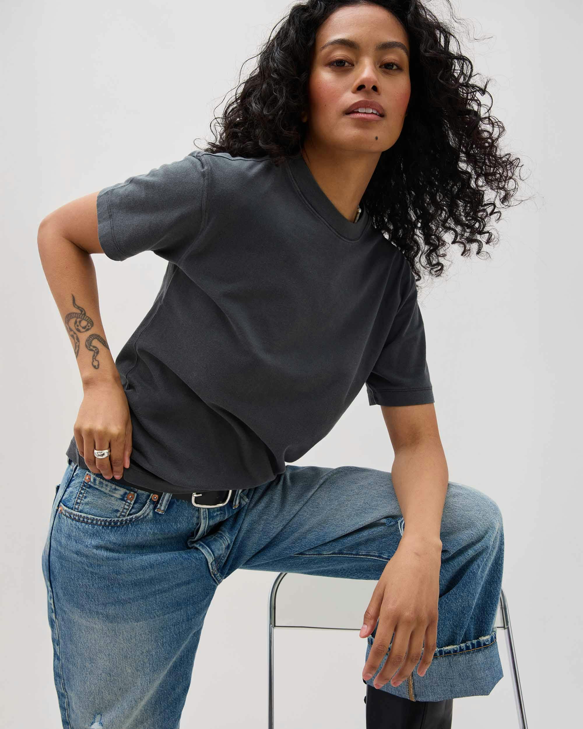 Womens Relaxed Everyday Tee - Pigment Dye Jersey - Stretch Limo