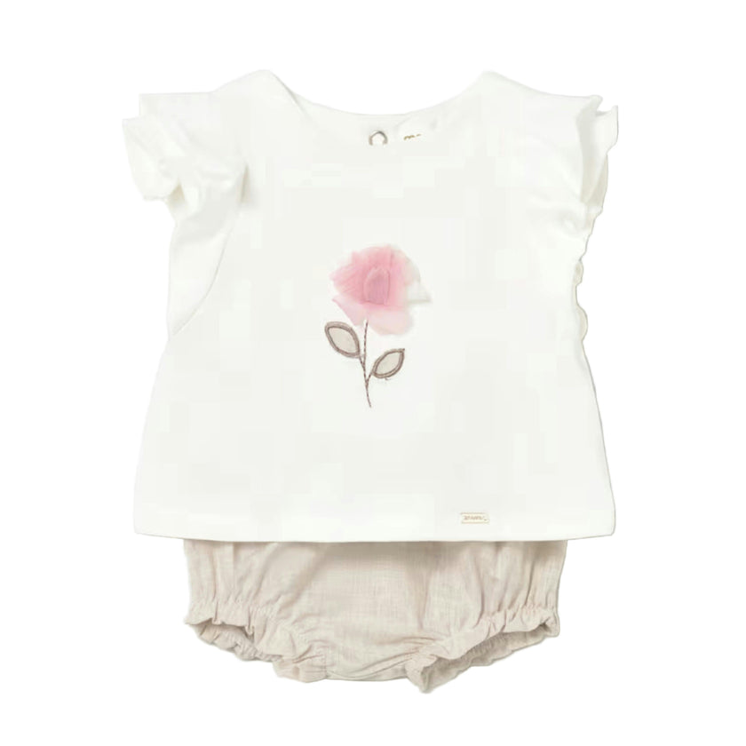 White and Beige Flower Short Set