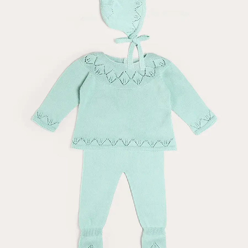 Diamond Openwork Three Piece Knitted Set in Sage Green (1-9mths)