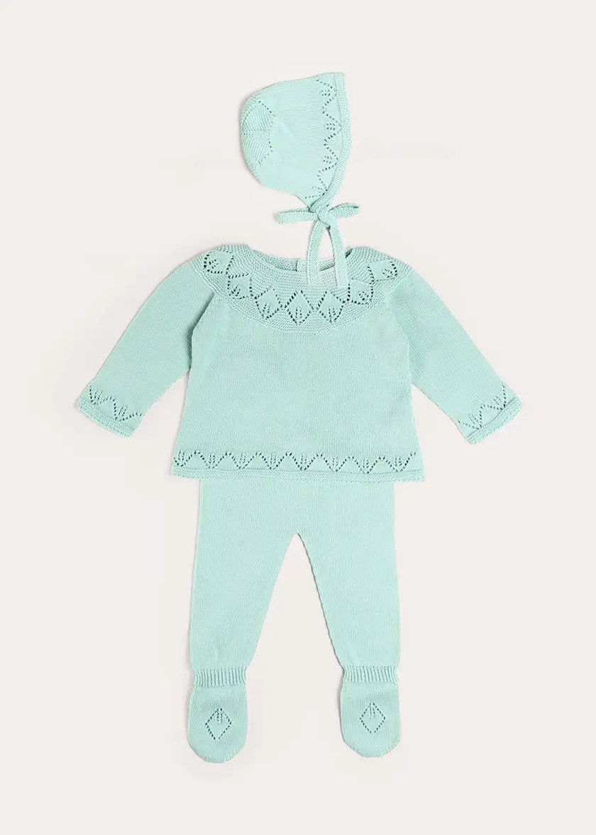 Diamond Openwork Three Piece Knitted Set in Sage Green (1-9mths)