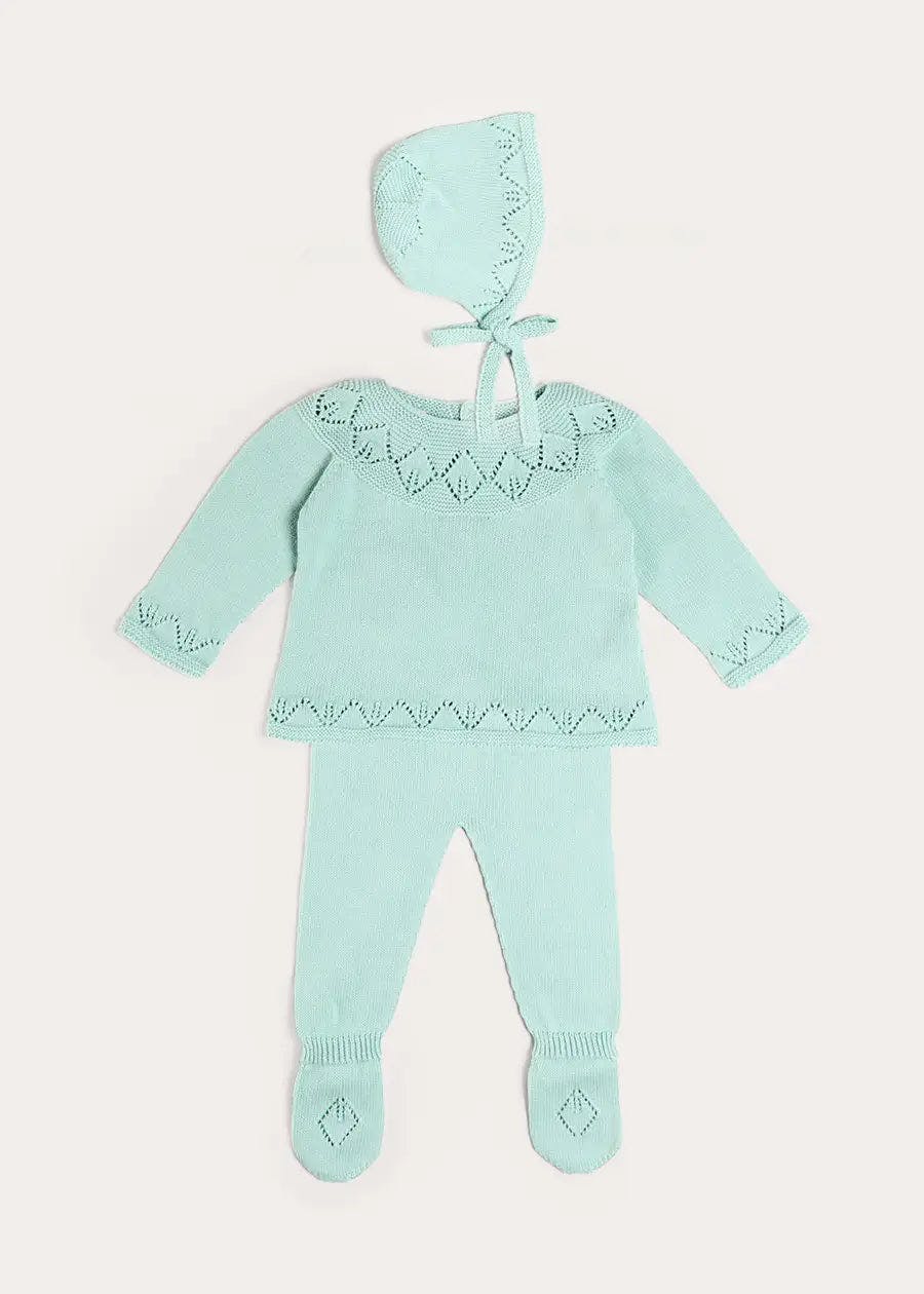 Diamond Openwork Three Piece Knitted Set in Sage Green (1-9mths)