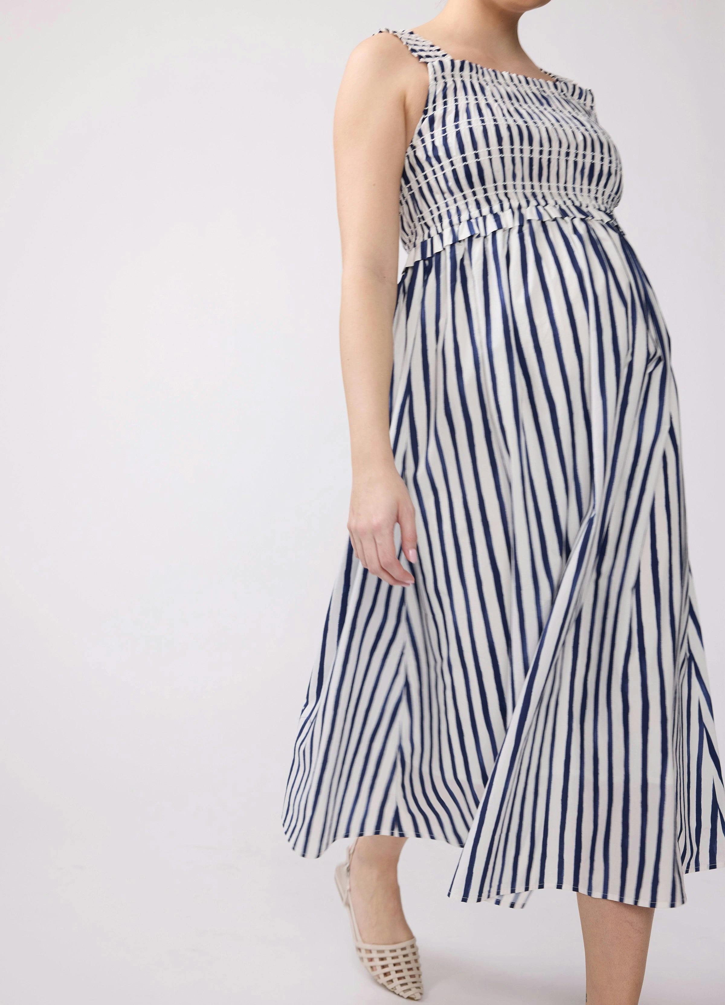 Square Neck Smocked Cotton Maternity Maxi Dress