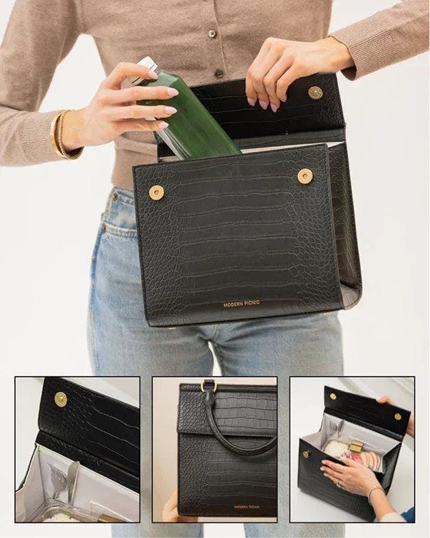 Medium Stylish, Chic Insulated Lunchbox, Black Croc