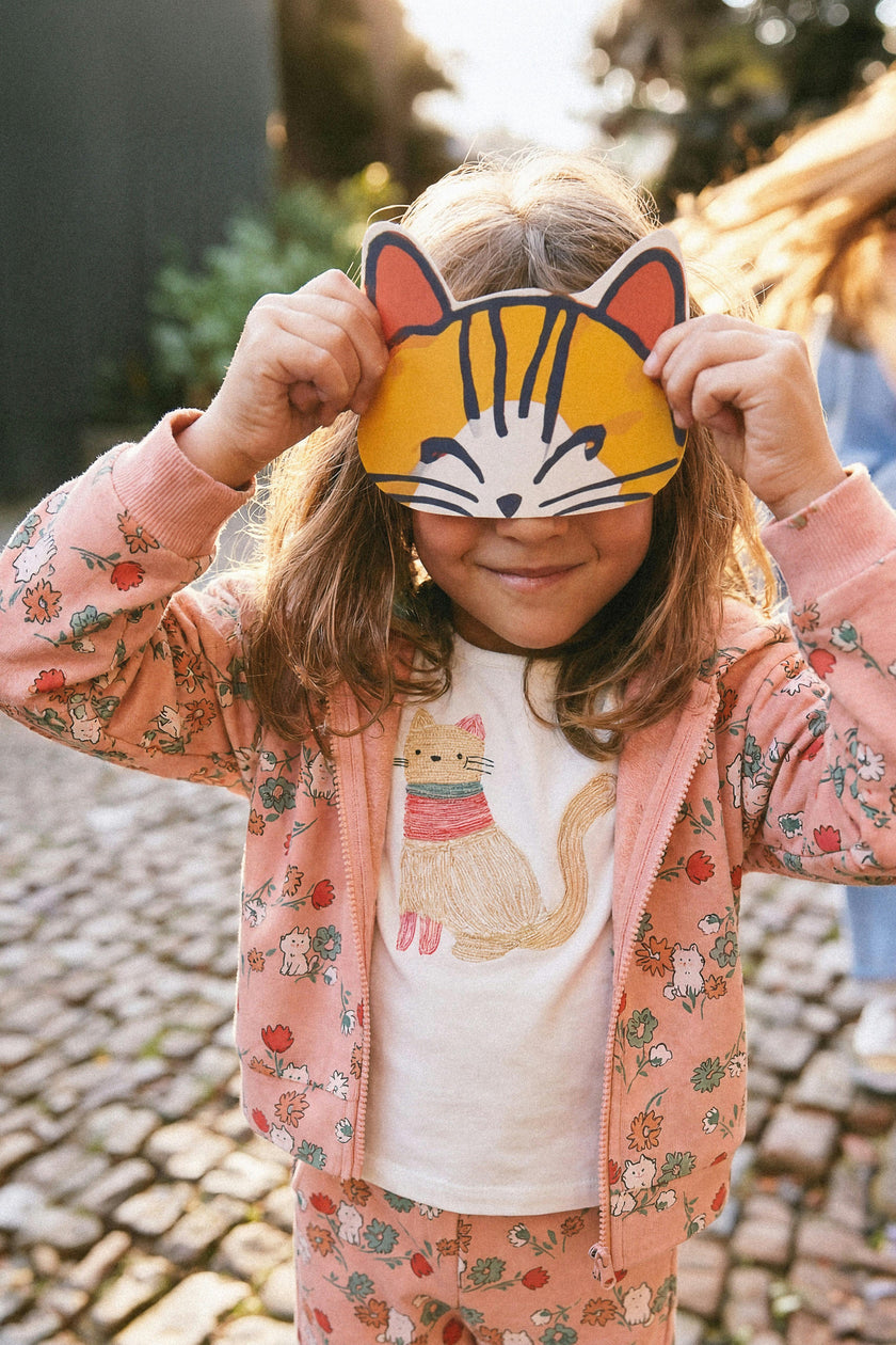 French Terry Hooded Cardigan Pink Cat Print