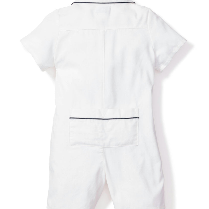 Baby's Twill Summer Romper in White with Navy Piping