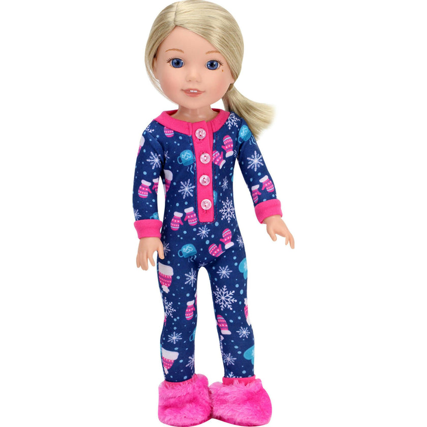 14.5" Doll Girl Winter Print One Piece Pajama & Hot Pink Slippers