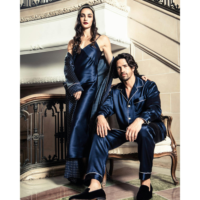 Men's Silk Pajama Set in Navy