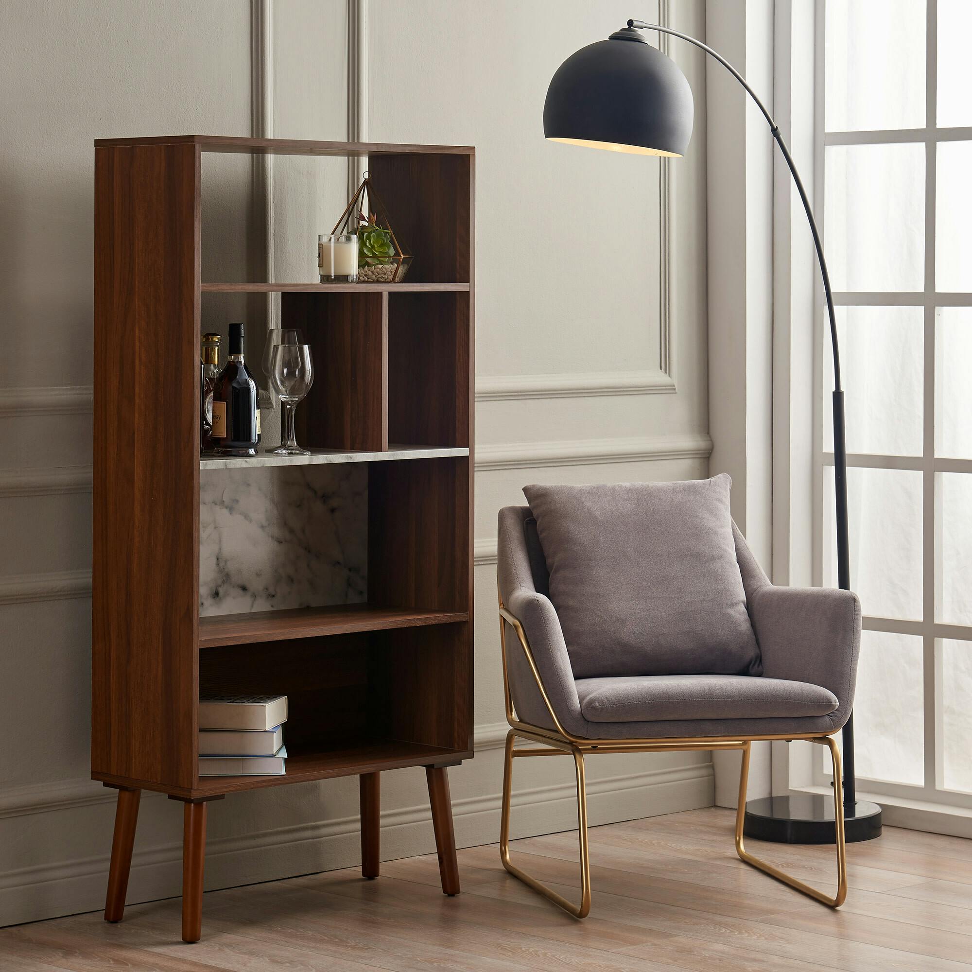 Kingston Wooden Bookcase with Faux Marble Shelf & Accents