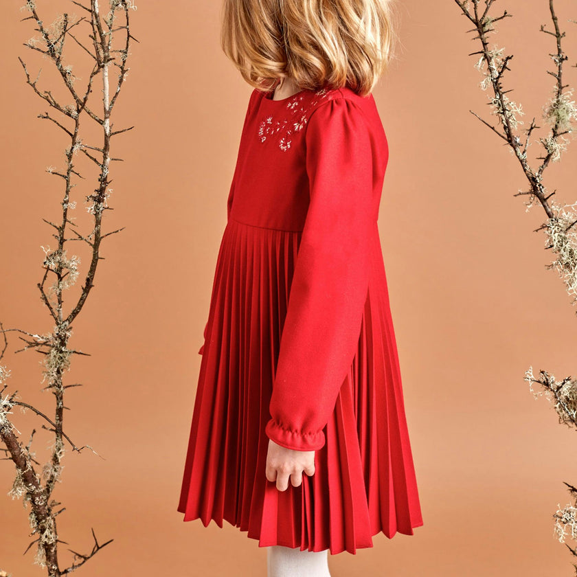 Red Pleated Floral Dress