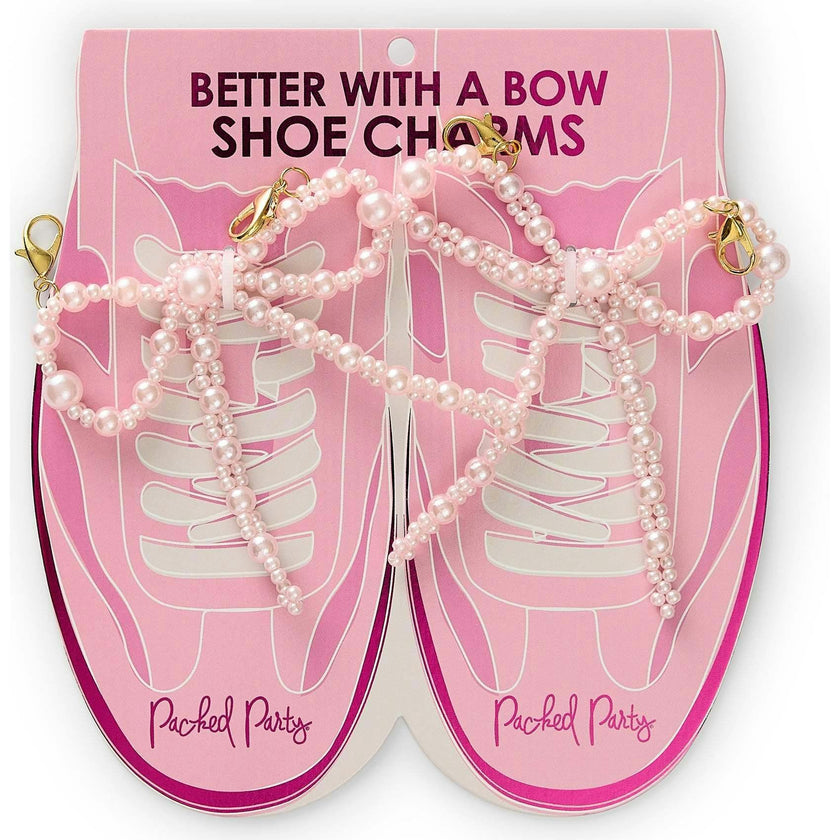 Packed Party Pink Pearl Bow Shoe Charms - Multi-Sized Faux Pearl Bow Charms with Lobster Clips for Sneakers, 2.75x3.3 Inch