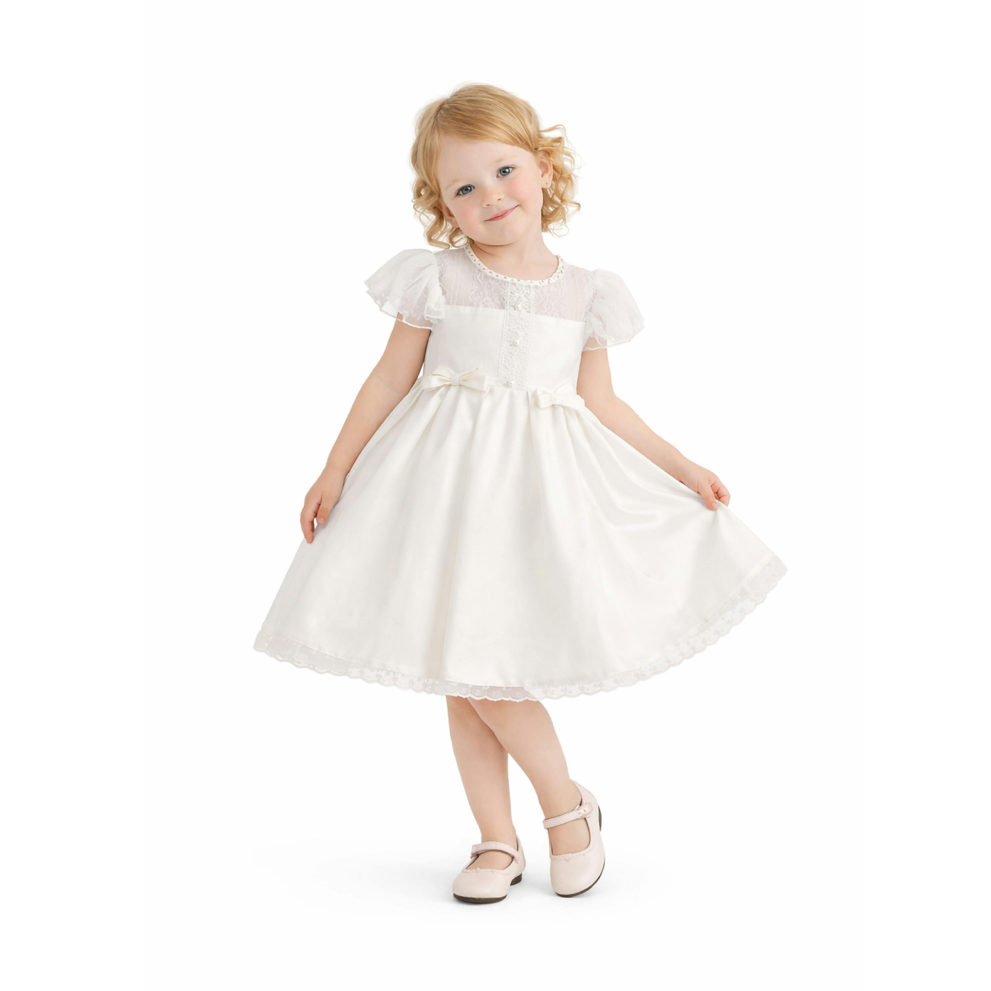 Ivory Riverelle Lace-Trim Puff Sleeve Dress
