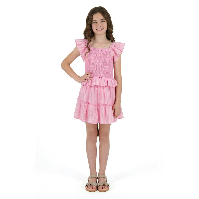 Tween Girl Smocked Top & Skirt Set | Pink Stripe