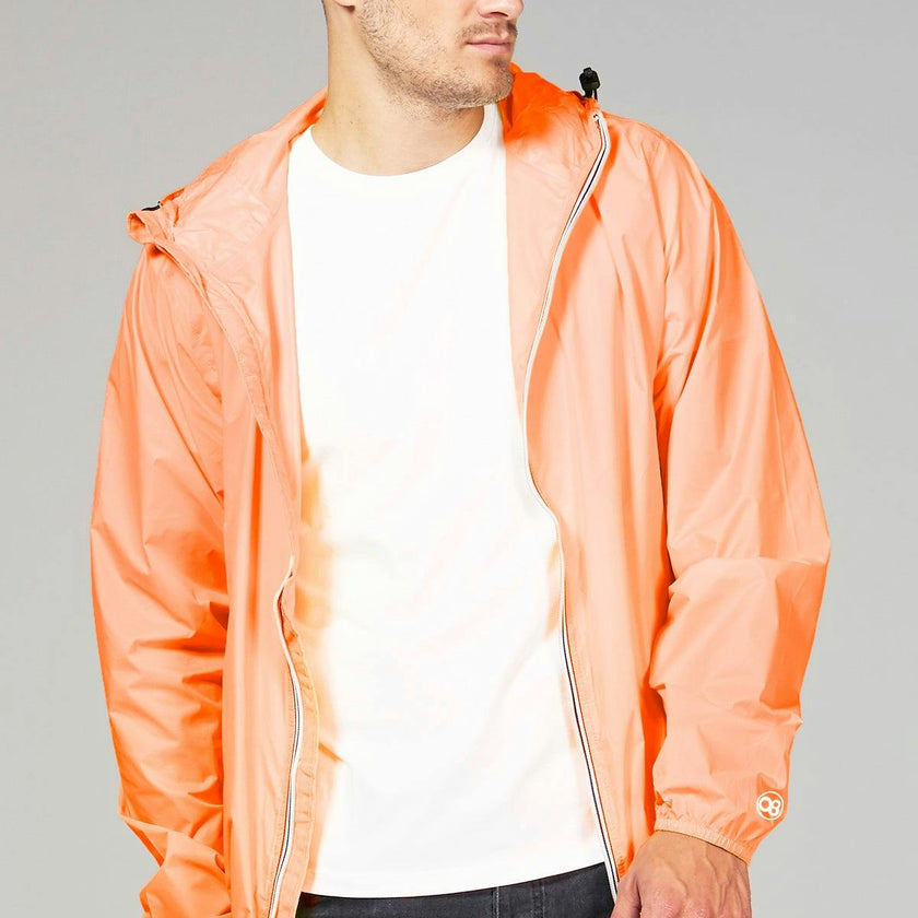 Orange fluo full zip packable rain jacket and windbreaker