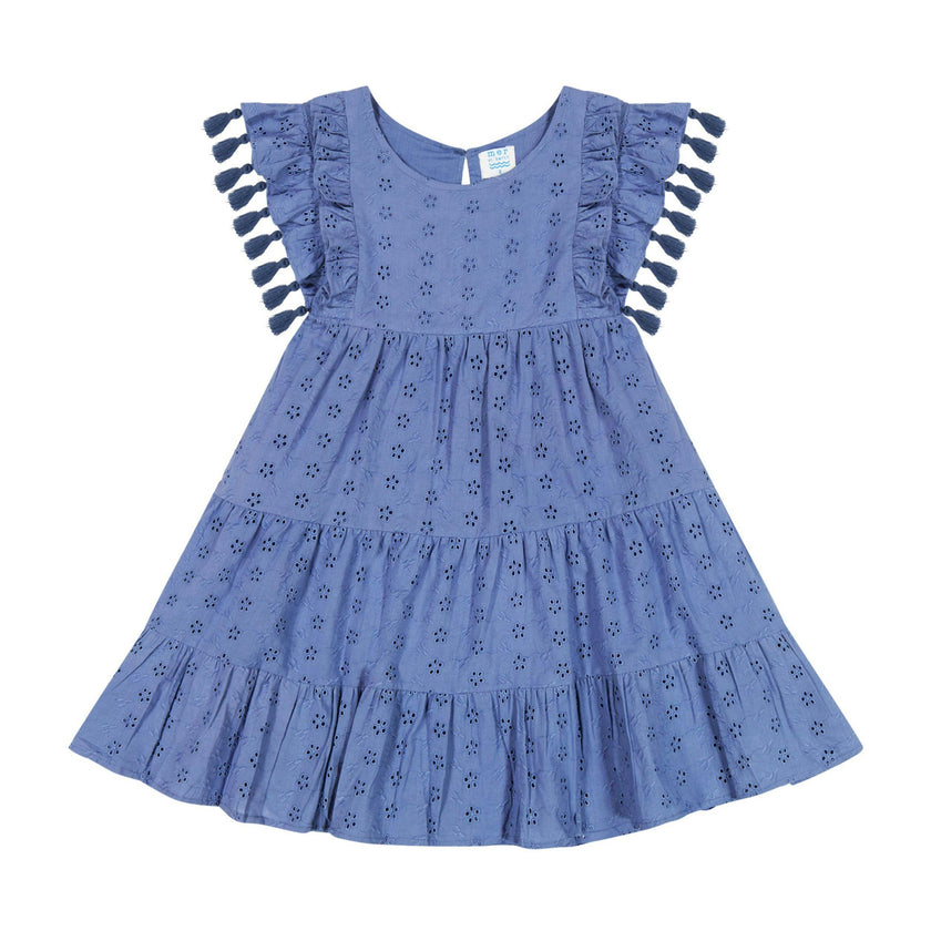 Sophie Girls Tassel Dress Ocean Blue Eyelet, Ocean Blue Eyelet