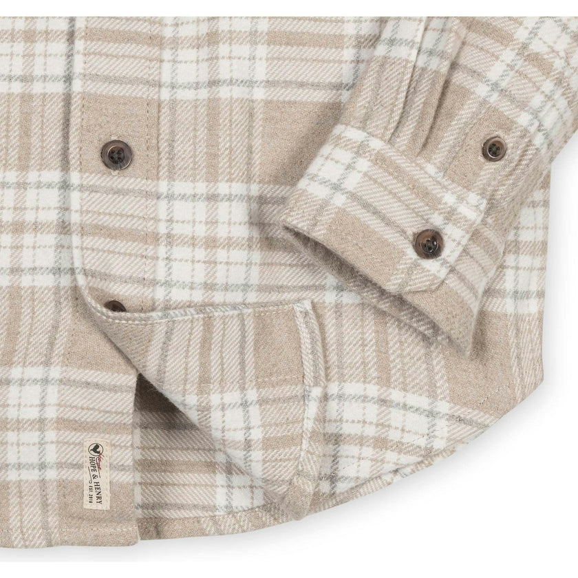 Boy's Organic Long Sleeve Flannel Shirt with Double Flap Pockets, Beige