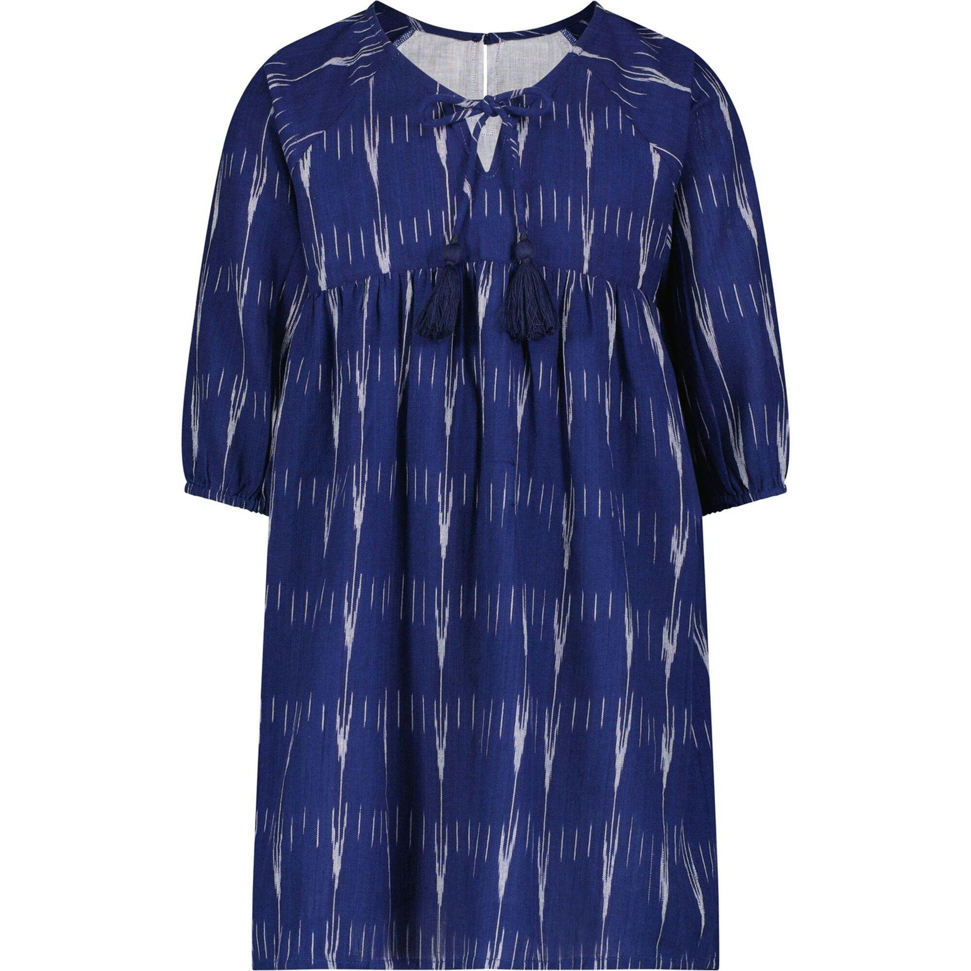 Sara Girl's Popover Dress Indigo Ikat, Blue