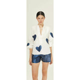 Cupid Linen Shirt - Off-white with Metallic Dark Blue Hearts