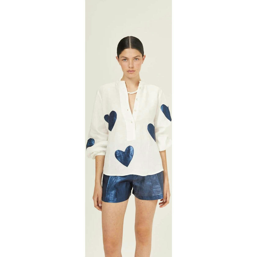 Cupid Linen Shirt - Off-white with Metallic Dark Blue Hearts