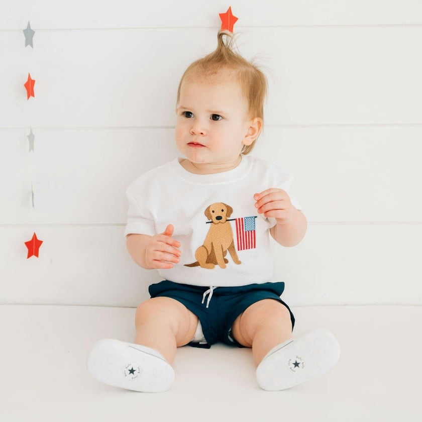 Patriotic Pup Patch Short Sleeve Romper - White