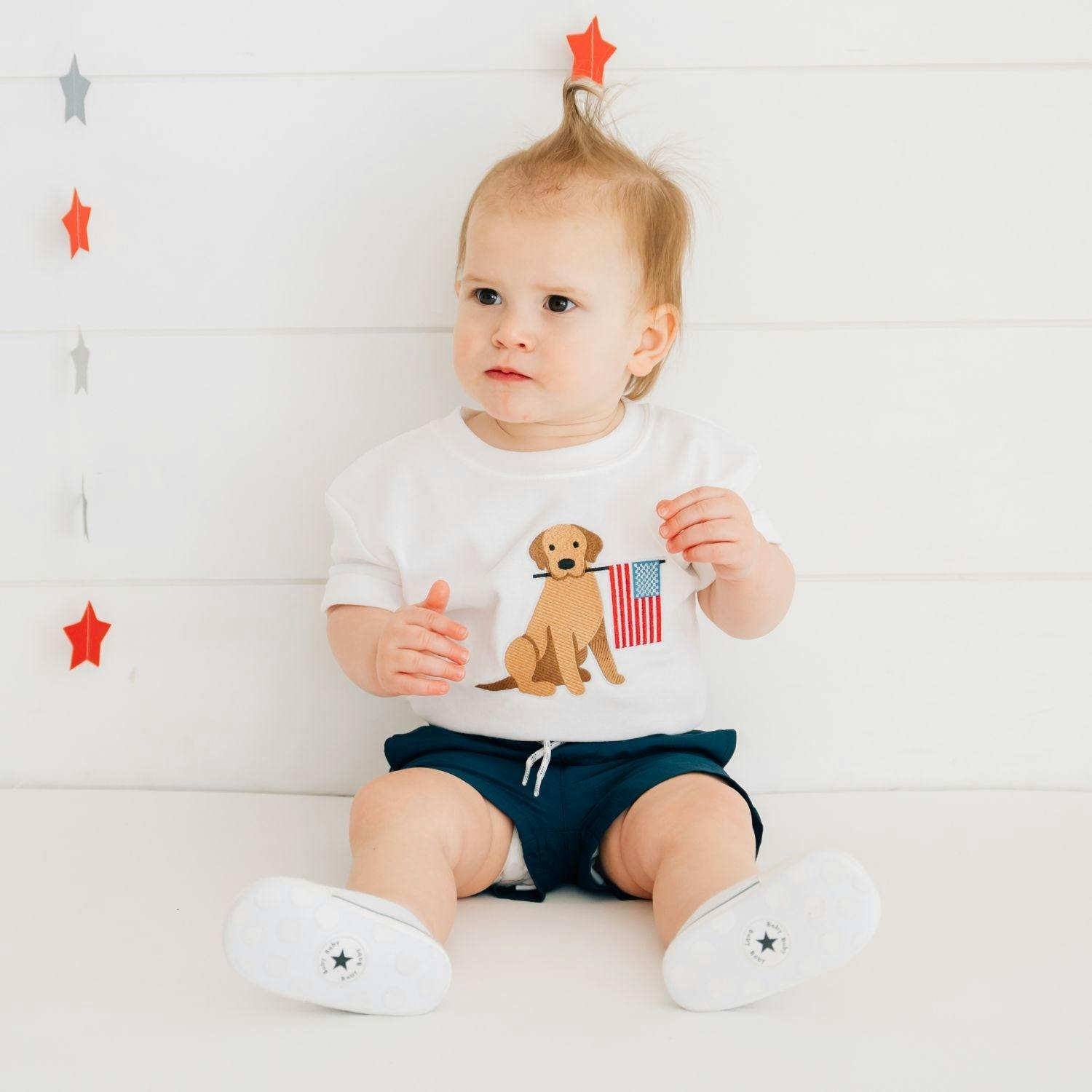 Patriotic Pup Patch Short Sleeve Romper - White